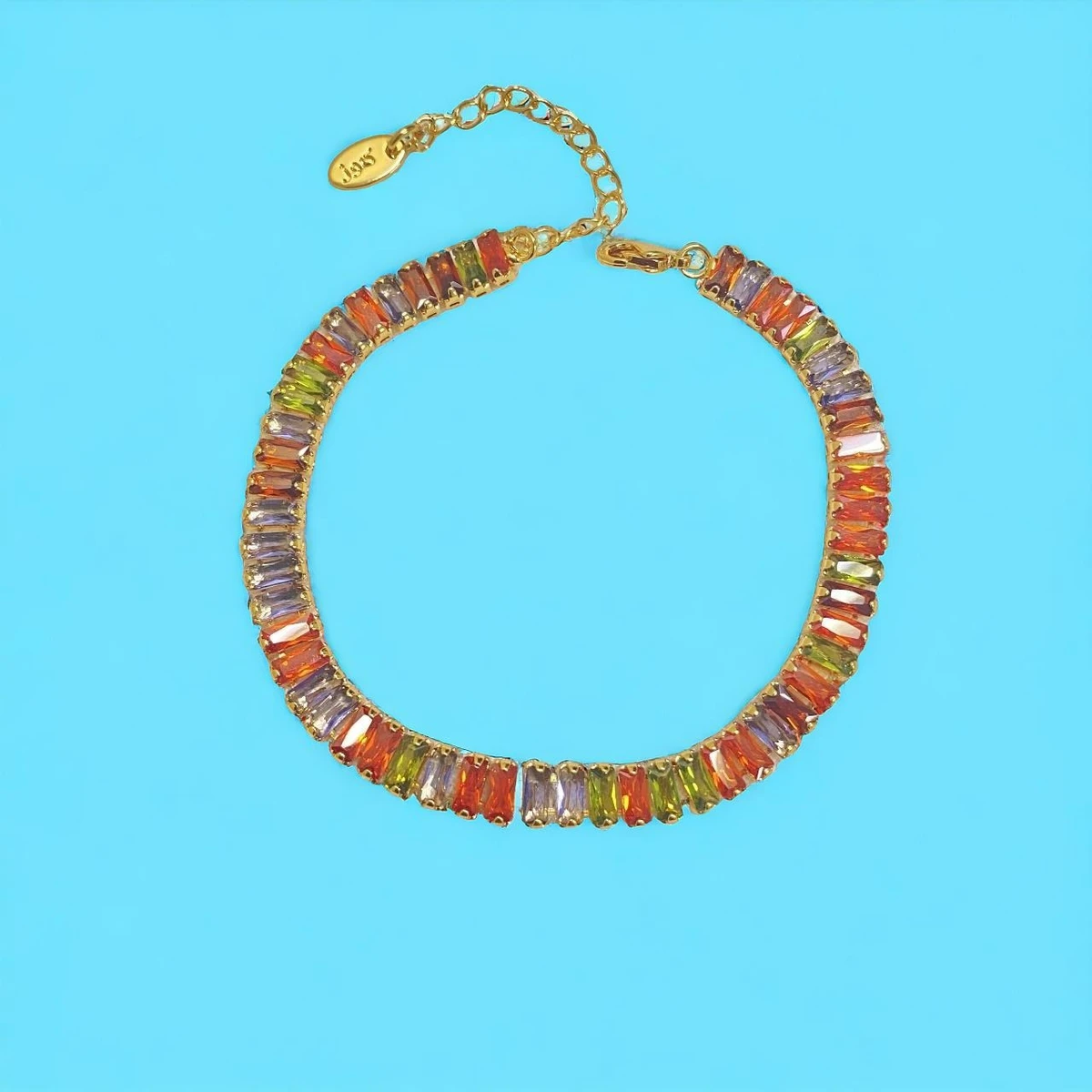 Radiant Rainbow: A Mesmerizing Bracelet Adorned with an Array of Colorful Rectangular Gemstones