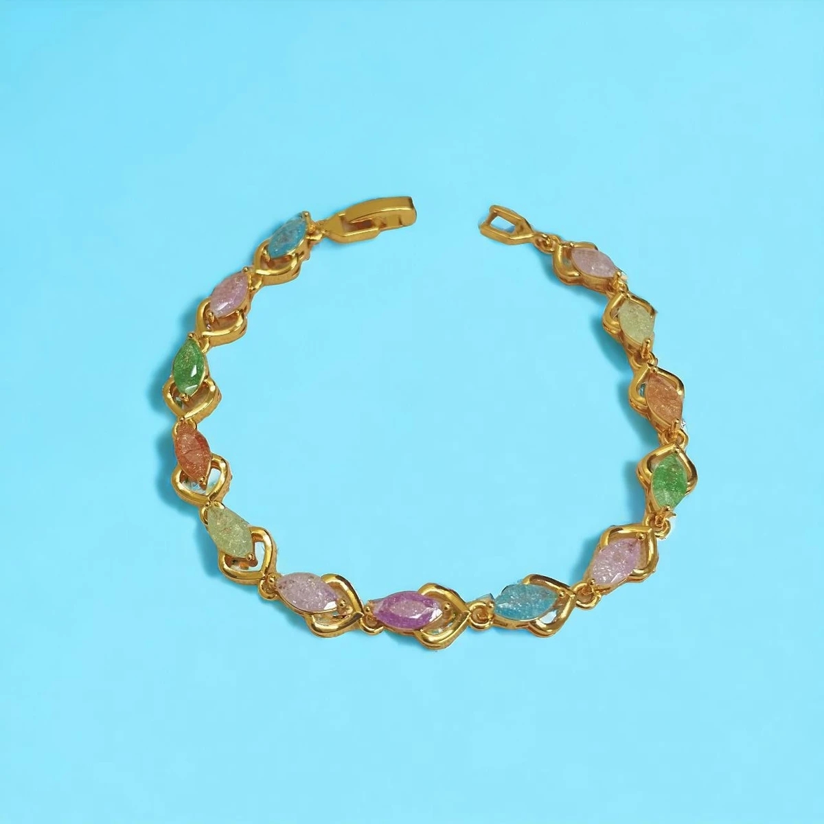 Ethereal Harmony: Intricate Gold Links Intertwined with Multi-Colored Oval Gemstones