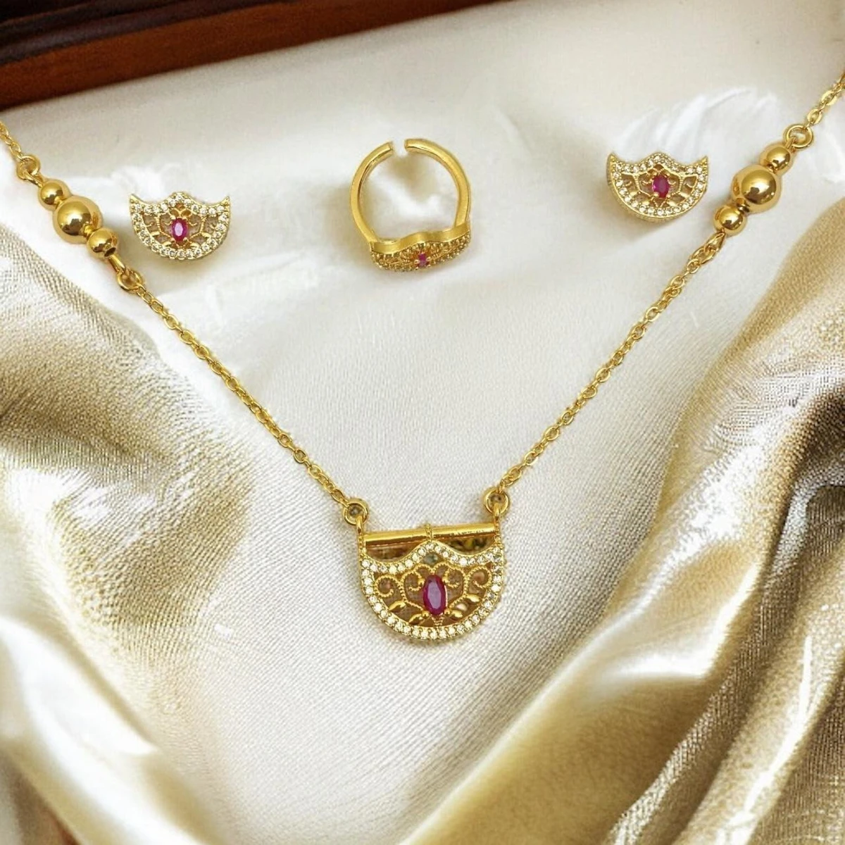 Golden Luxe: An Exquisite Ensemble Adorned with Precious Gemstones, Radiating Opulence and Elegance
