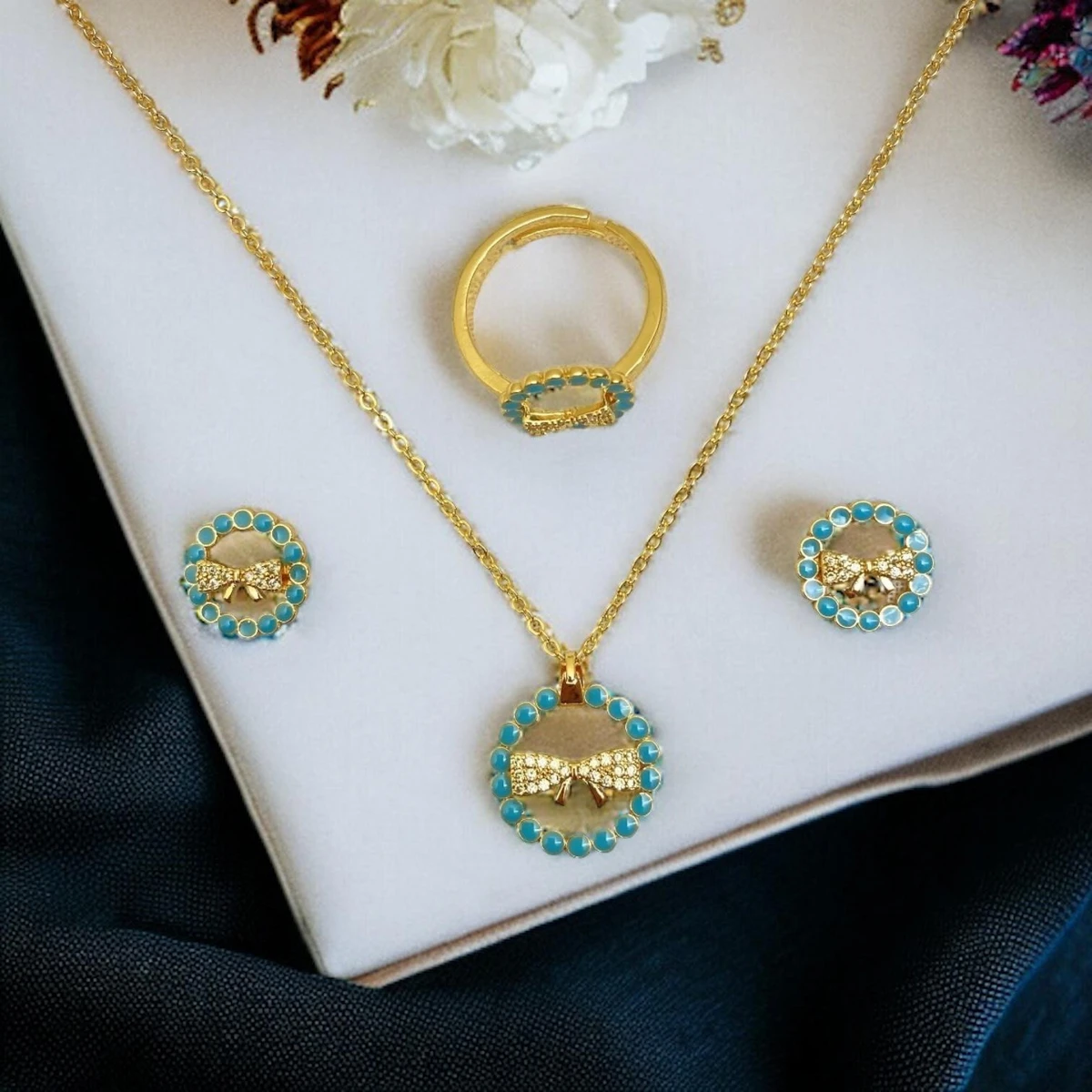 Golden Serenity: Intricately Adorned Jewelry Collection with Vibrant Turquoise Stones