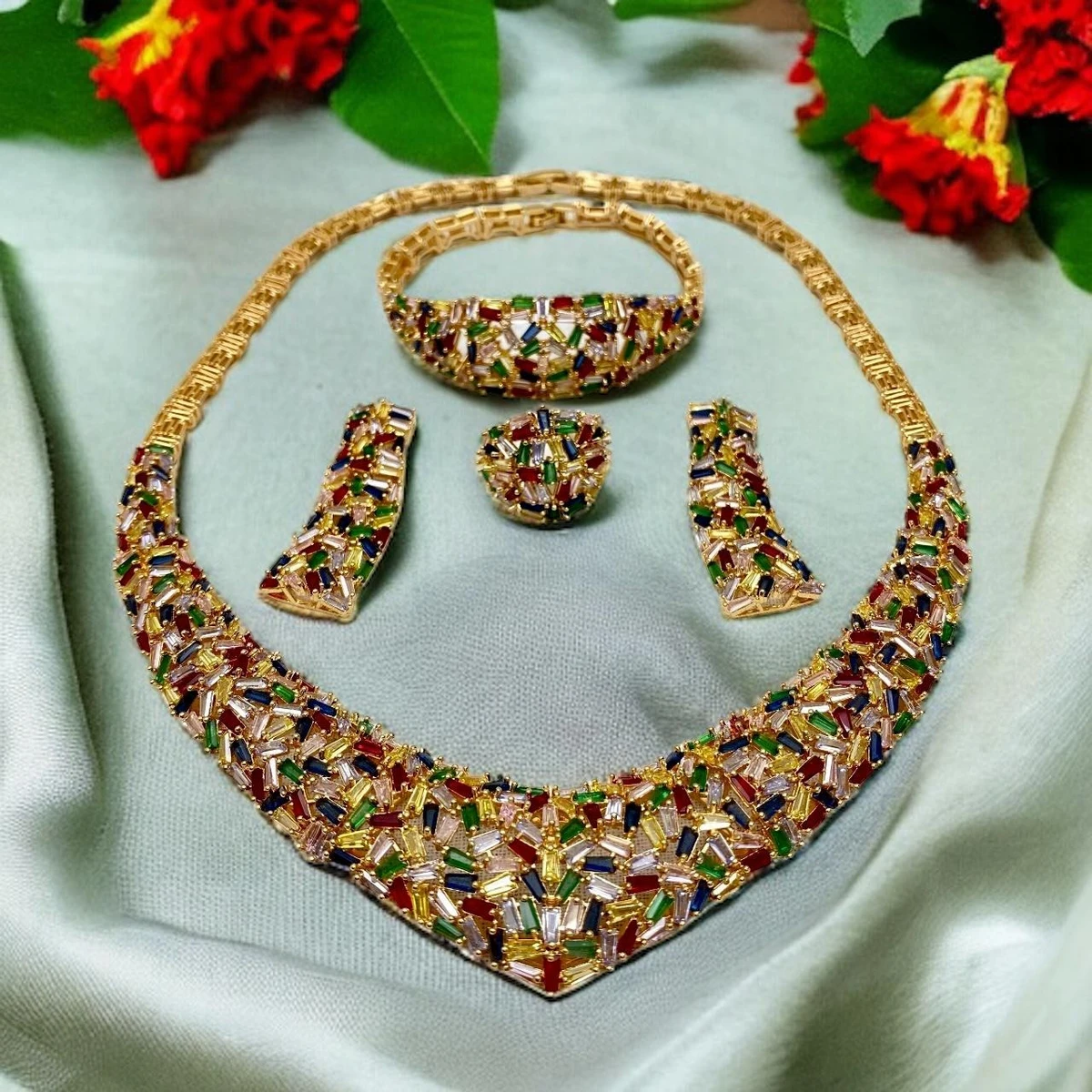 Multicolored Majesty: Vibrant Jewelry Set with Intricate Gemstone Adornments