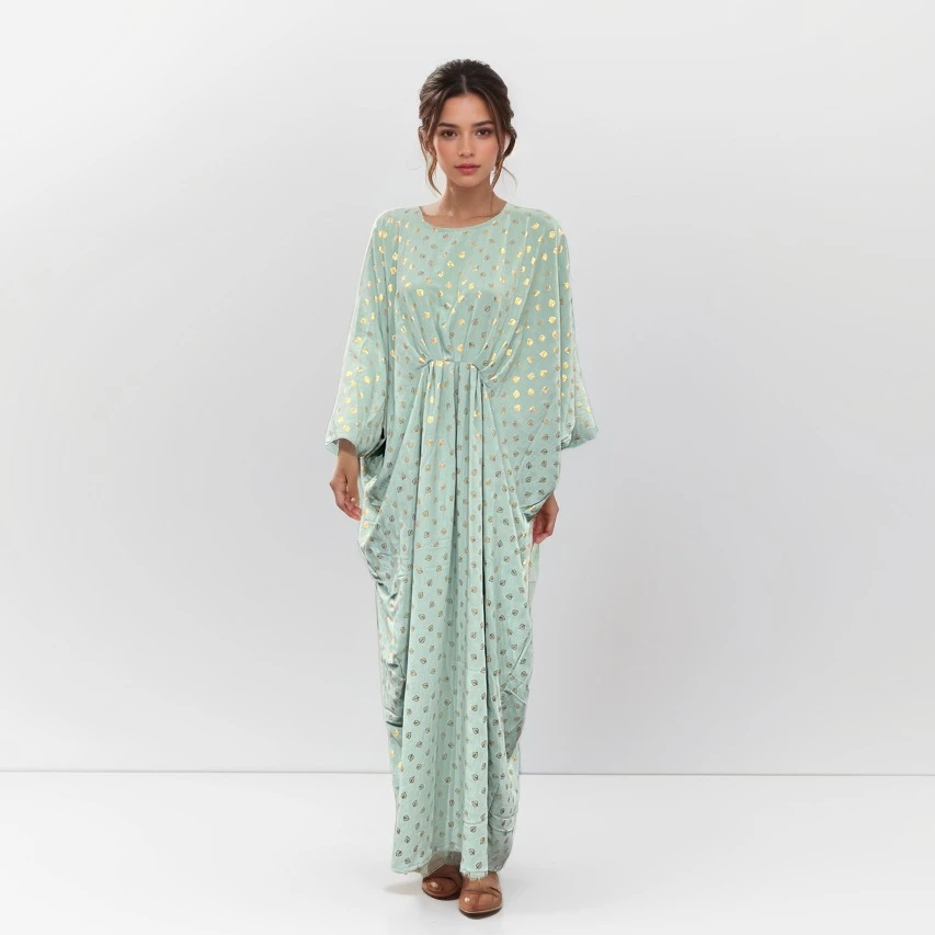 Golden Leaf Pattern Maxi Dress: Flowing Kaftan Style for Effortless Glamour and Sophistication