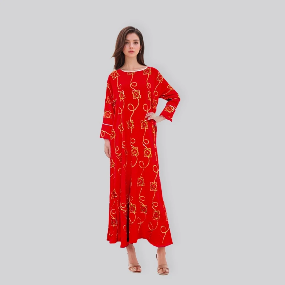 Elegant Red Maxi Dress with Square Embroidery: Bohemian Long Dress for Unique Style