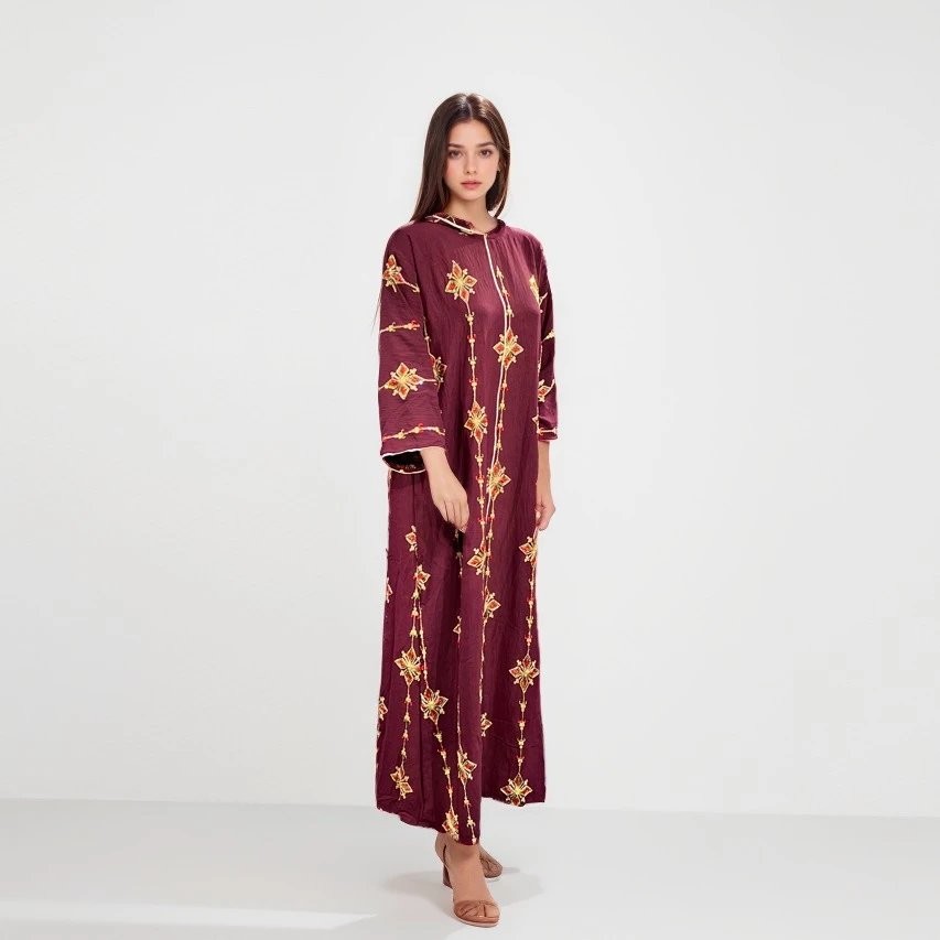 Elegant Velvet Long Dress with Golden Floral Embroidery
