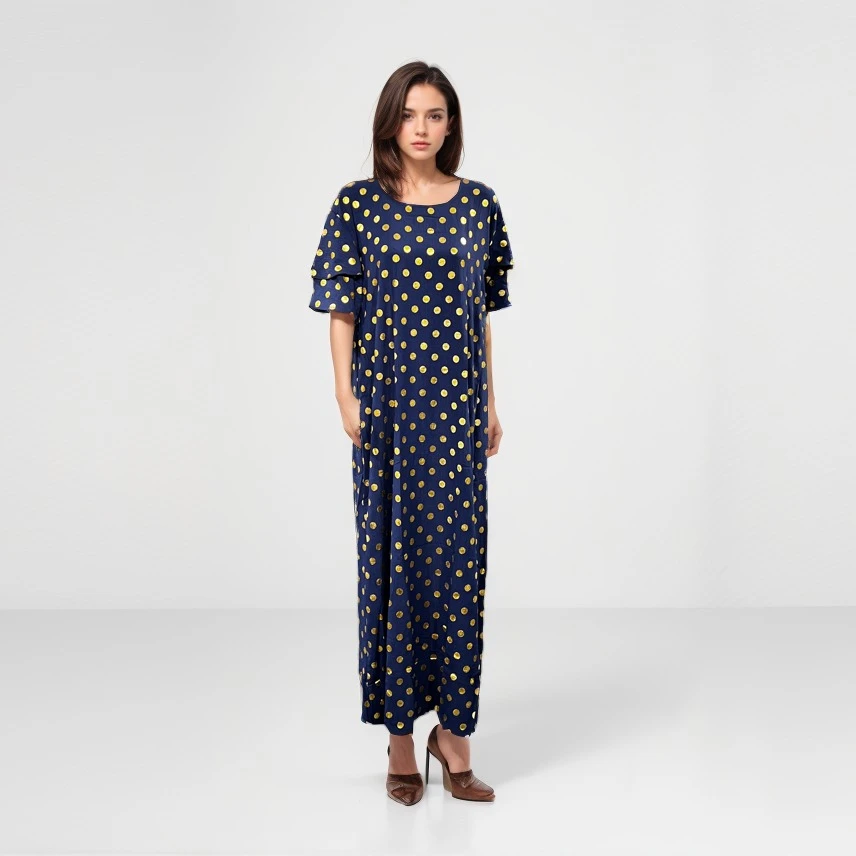 Elegant Long Dress with Gold Polka Dot Pattern