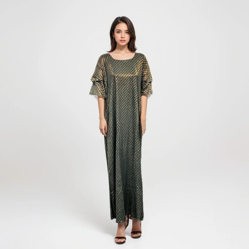 Graceful Maxi Dress Featuring Detailed Gold Square Line Pattern for a Sophisticated Look